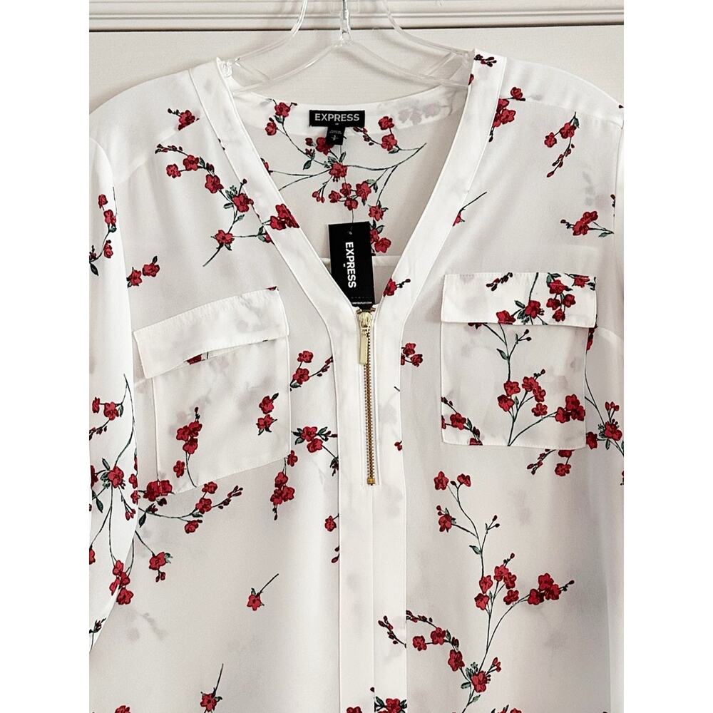 Express White Floral Zip Front Top NWT SMALL Roll Tab Sleeve Business Casual - Picture 3 of 12